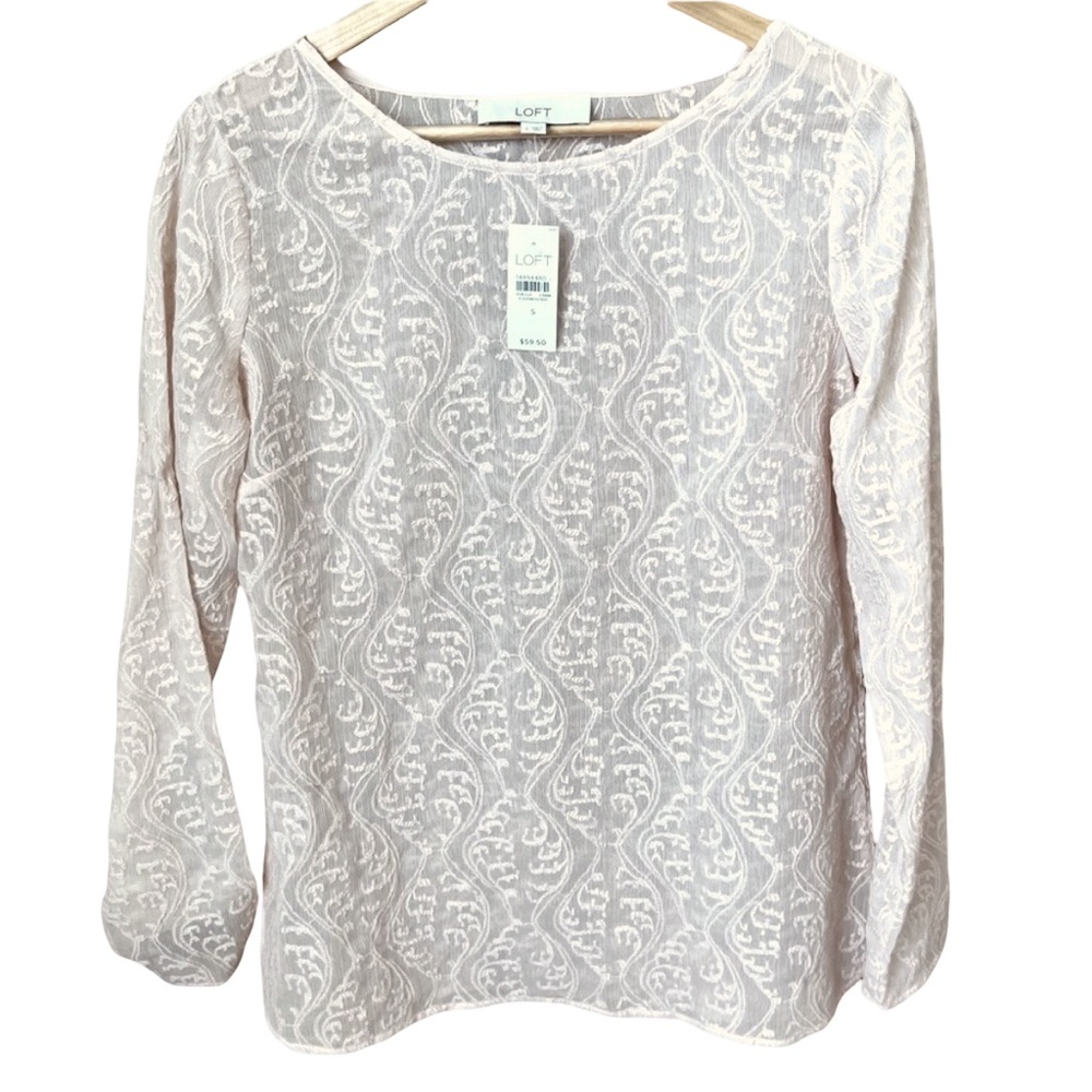 NWT LOFT Peach Pink Textured Embroidered Floral Long Sleeve Top